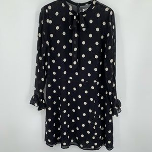 Reformation Black and White Polka Dot Long Sleeve Tie Neck Dress